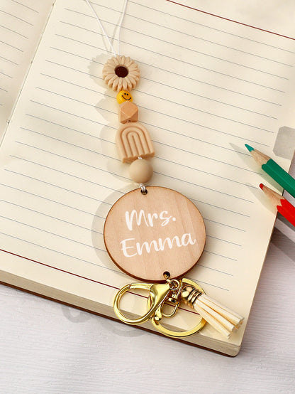 Multifunctional personalised lanyard as keyring and ID holder handcrafted with wooden beads in bohemian style