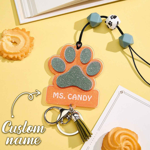 Personalized Glitter Paw ID Badge Lanyard with Text Beads Tassels Badge Lanyard Gift for Teacher Pet Lover