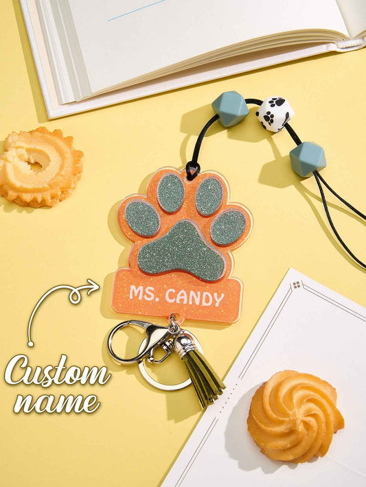 Personalized Glitter Paw ID Badge Lanyard with Text Beads Tassels Badge Lanyard Gift for Teacher Pet Lover