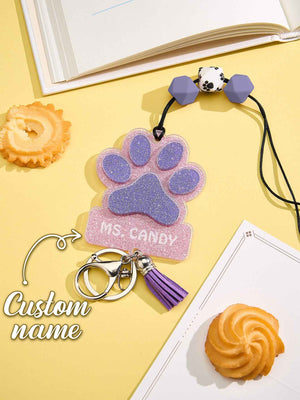 Personalized Glitter Paw ID Badge Lanyard with Text Beads Tassels Badge Lanyard Gift for Teacher Pet Lover