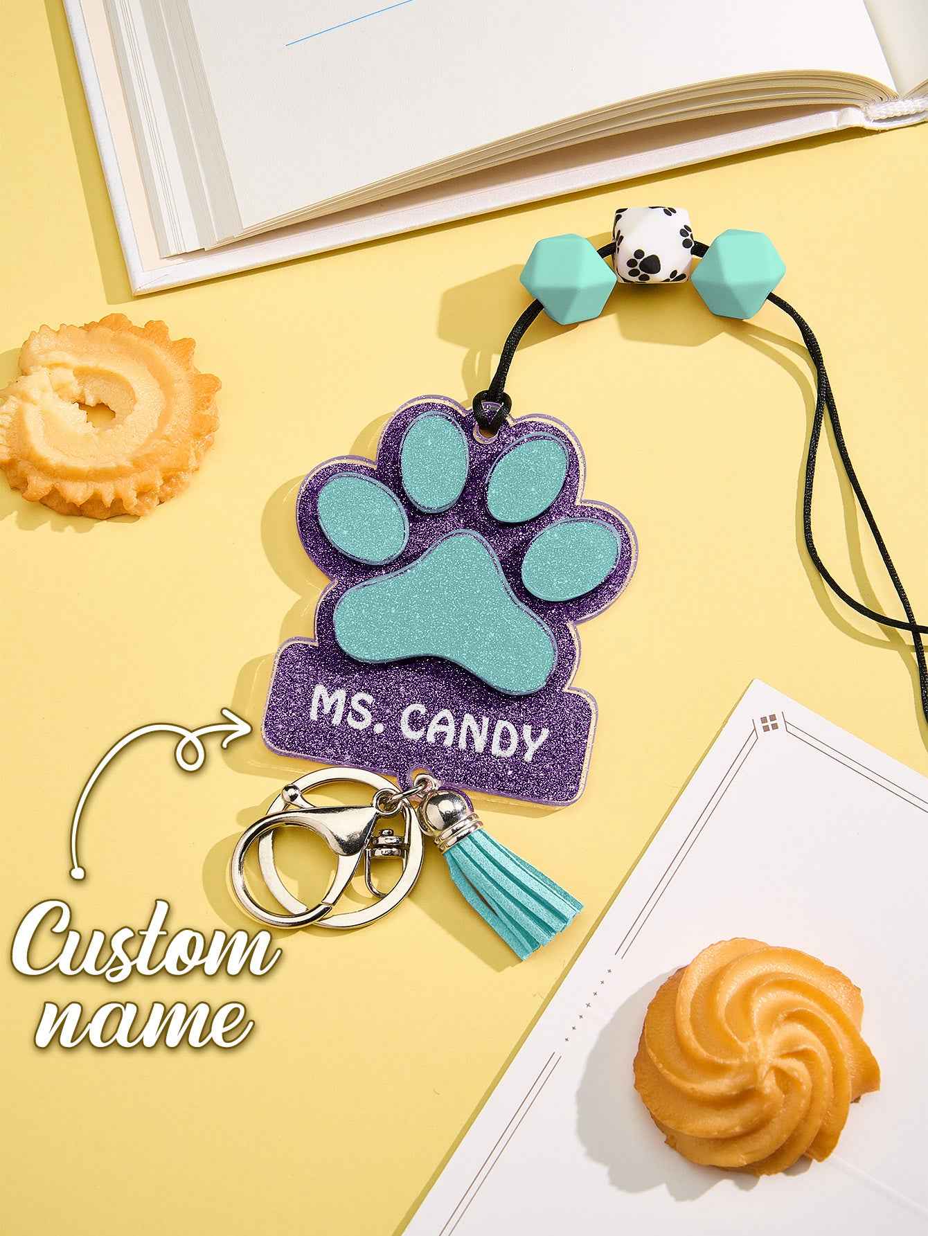 Personalized Glitter Paw ID Badge Lanyard with Text Beads Tassels Badge Lanyard Gift for Teacher Pet Lover