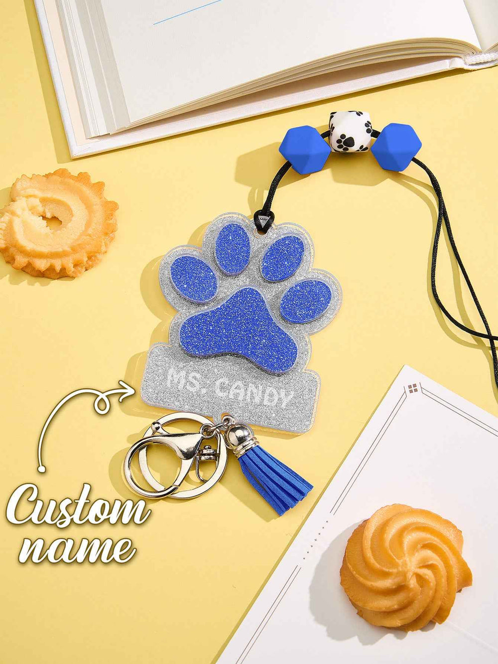 Personalized Glitter Paw ID Badge Lanyard with Text Beads Tassels Badge Lanyard Gift for Teacher Pet Lover