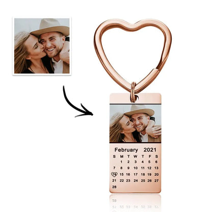 Close-up of printed photo and calendar date on a stainless-steel personalised keyring showing high-resolution print quality