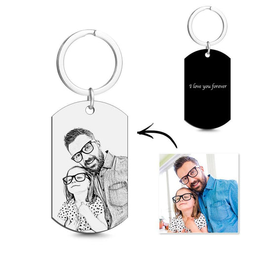 Black steel photo-engraved tag keyring showing a personalised engraved photo and optional text on a sleek black finish – elegant, durable personalised photo keychain ideal as a wedding, memorial or graduation gift