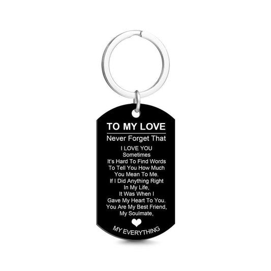 Personalised dog tag keyring reading 'To My Love' — custom stainless steel keychain with double-sided laser engraving and polished mirror finish