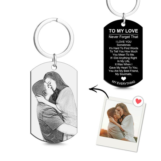 Personalised dog tag keyring reading 'To My Love' — custom stainless steel keychain with double-sided laser engraving and polished mirror finish