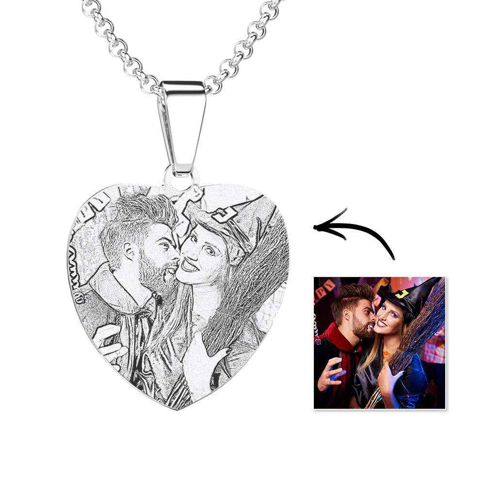 Women's Heart Photo Engraved Tag Necklace with Engraving Stainless Steel