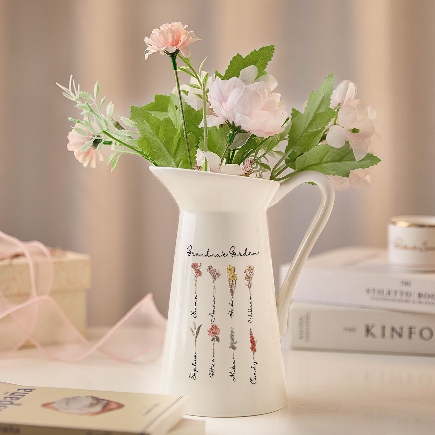 Personalised Birth Flower Ceramic Vase - Custom Home Decor Gift for Mum & Grandma