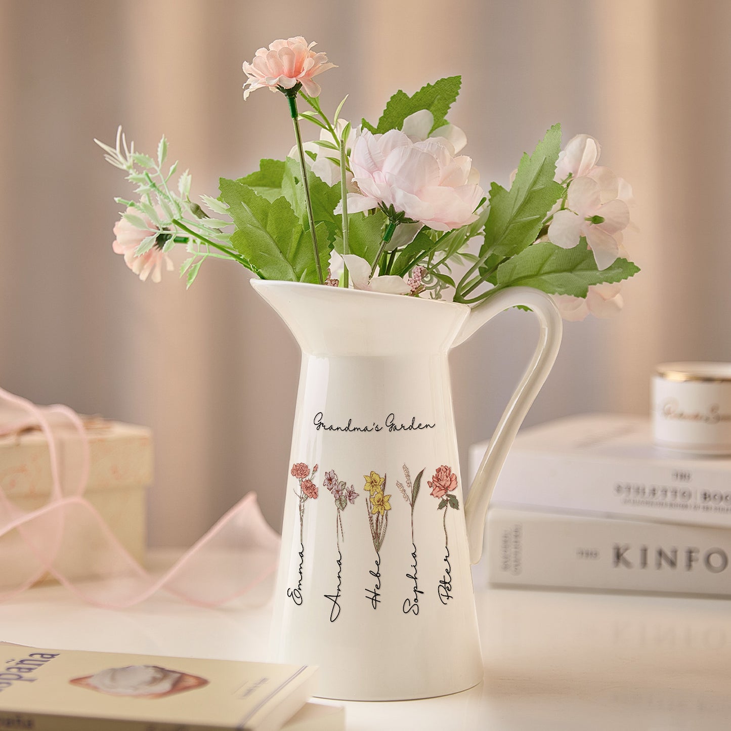 Personalised Birth Flower Ceramic Vase - Custom Home Decor Gift for Mum & Grandma