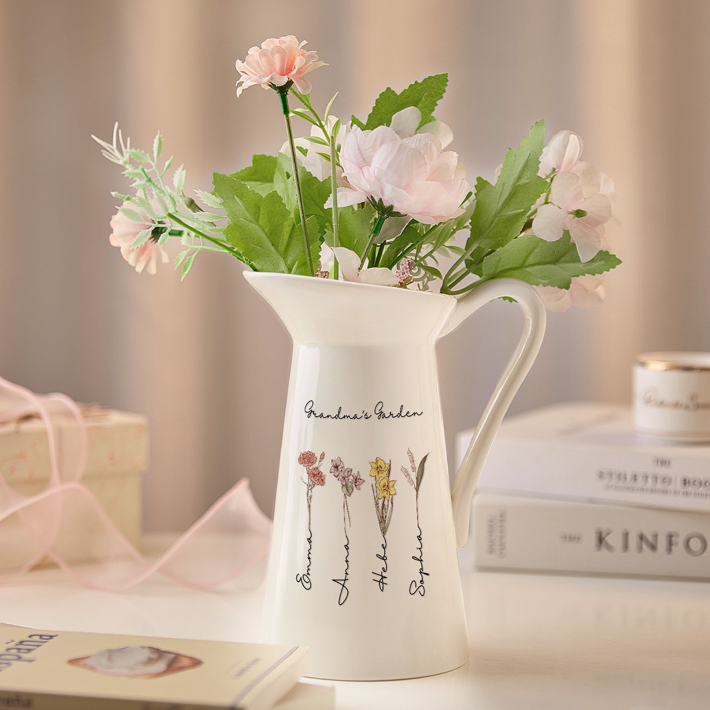 Personalised Birth Flower Ceramic Vase - Custom Home Decor Gift for Mum & Grandma