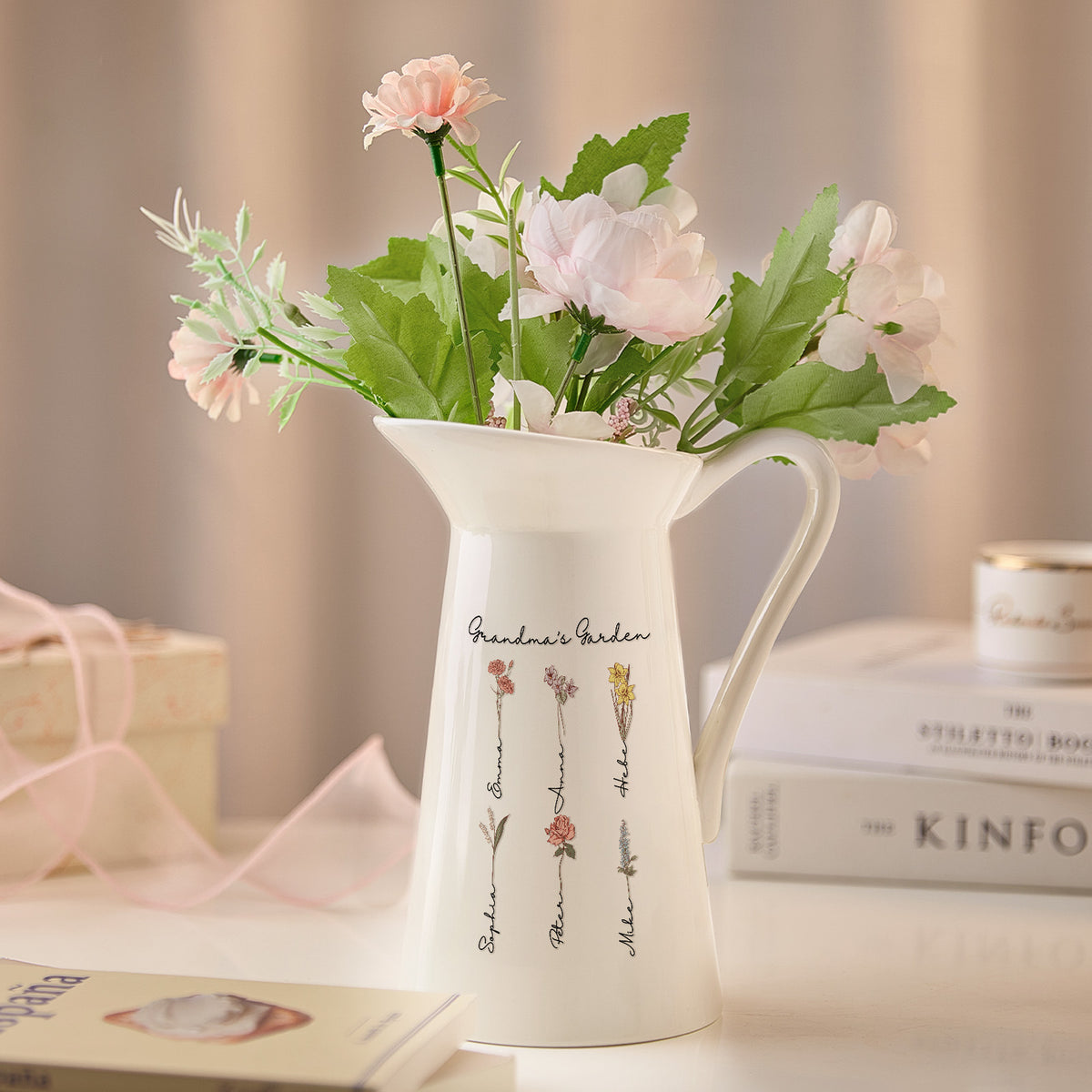 Personalised Birth Flower Ceramic Vase - Custom Home Decor Gift for Mum & Grandma