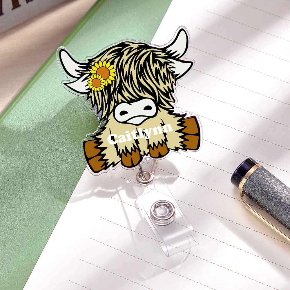 Personalized Highland Cow Badge Retractable Acrylic Badge Reel ID Clip Gift for Highland Cow Lovers