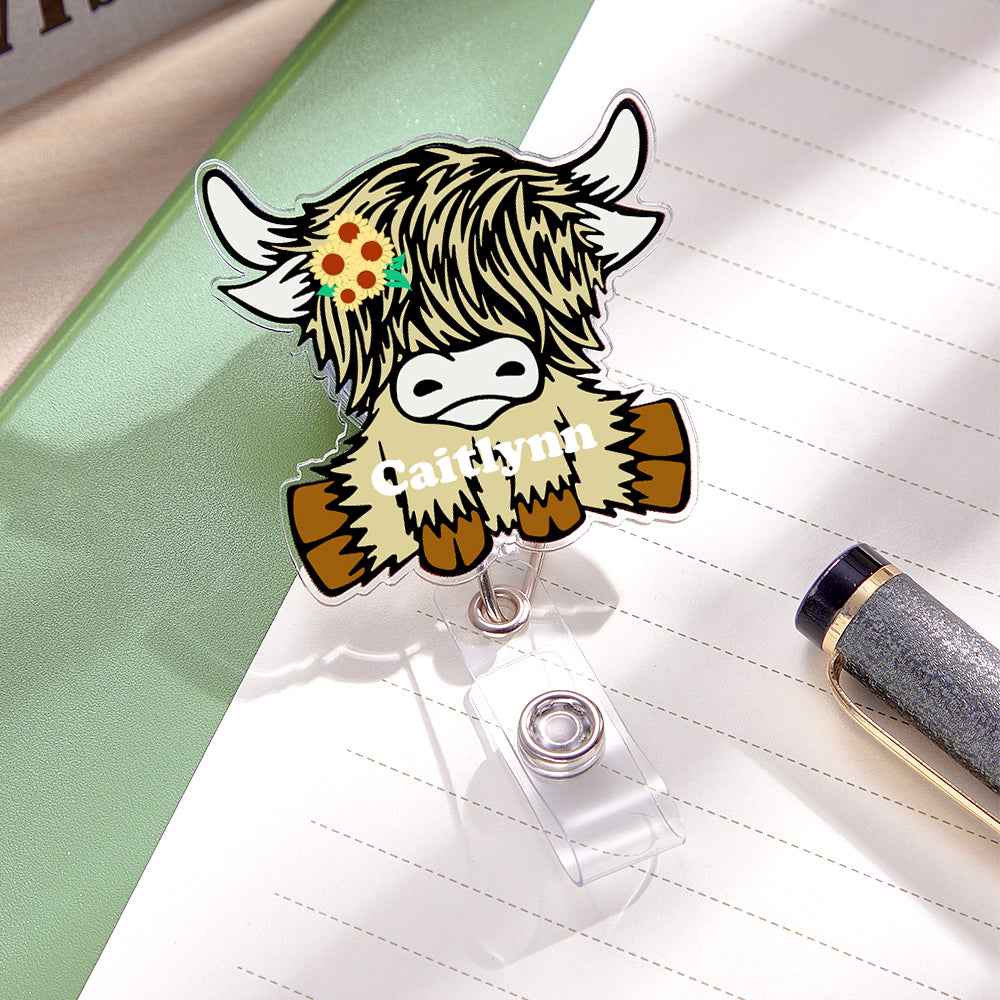 Personalized Highland Cow Badge Retractable Acrylic Badge Reel ID Clip Gift for Highland Cow Lovers