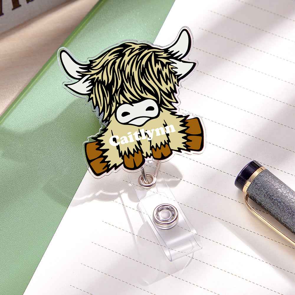Personalized Highland Cow Badge Retractable Acrylic Badge Reel ID Clip Gift for Highland Cow Lovers