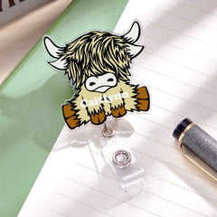 Personalized Highland Cow Badge Retractable Acrylic Badge Reel ID Clip Gift for Highland Cow Lovers