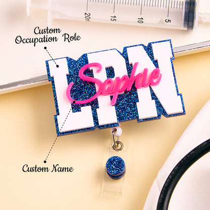 Personalised Glitter ID Badge Reel with Name - Custom Acrylic Badge Holder for Nurses & Doctors