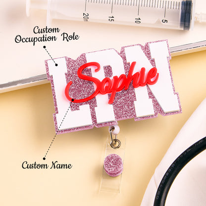 Personalised Glitter ID Badge Reel with Name - Custom Acrylic Badge Holder for Nurses & Doctors