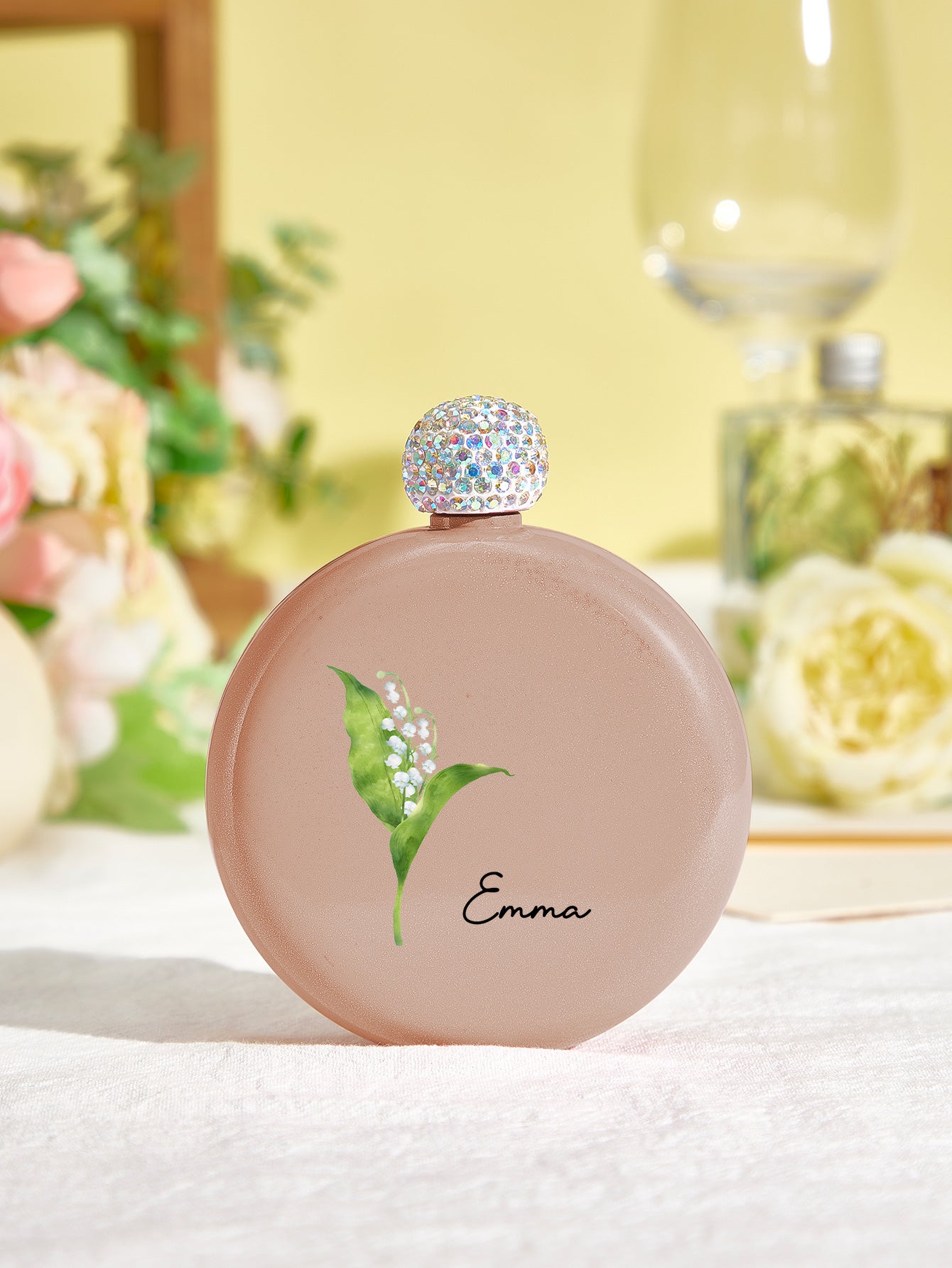 Personalised Birth Flower Round Flask with Name - 5oz Glitter Bridesmaid Gift