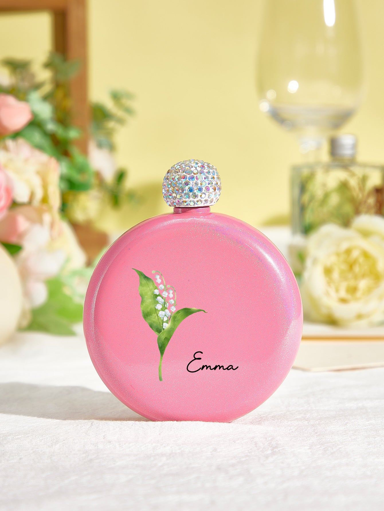 Personalised Birth Flower Round Flask with Name - 5oz Glitter Bridesmaid Gift