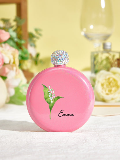 Personalised Birth Flower Round Flask with Name - 5oz Glitter Bridesmaid Gift