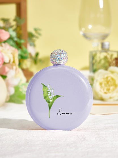 Personalised Birth Flower Round Flask with Name - 5oz Glitter Bridesmaid Gift