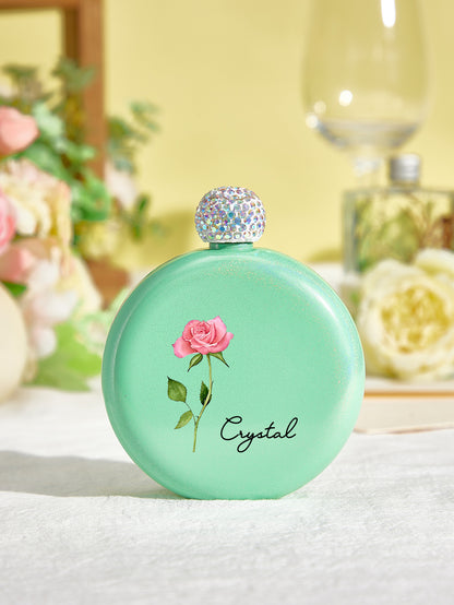 Personalised Birth Flower Round Flask with Name - 5oz Glitter Bridesmaid Gift