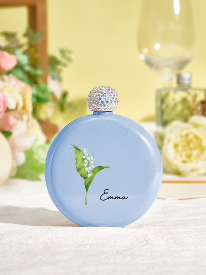 Personalised Birth Flower Round Flask with Name - 5oz Glitter Bridesmaid Gift