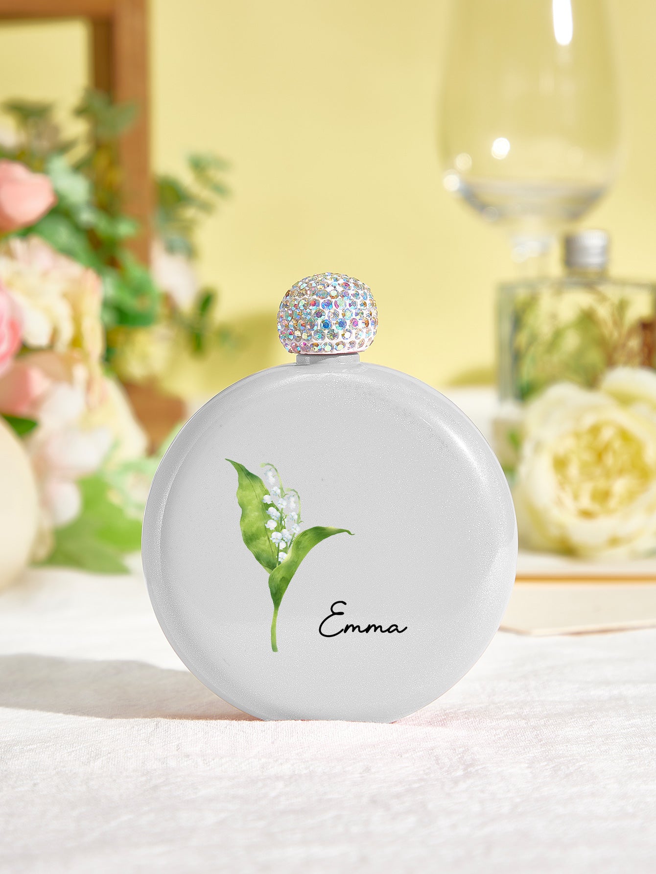 Personalised Birth Flower Round Flask with Name - 5oz Glitter Bridesmaid Gift