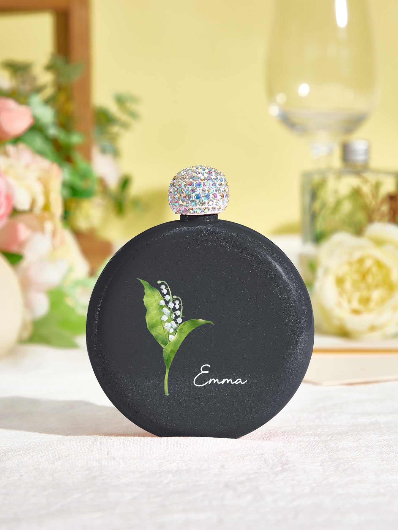 Personalised Birth Flower Round Flask with Name - 5oz Glitter Bridesmaid Gift