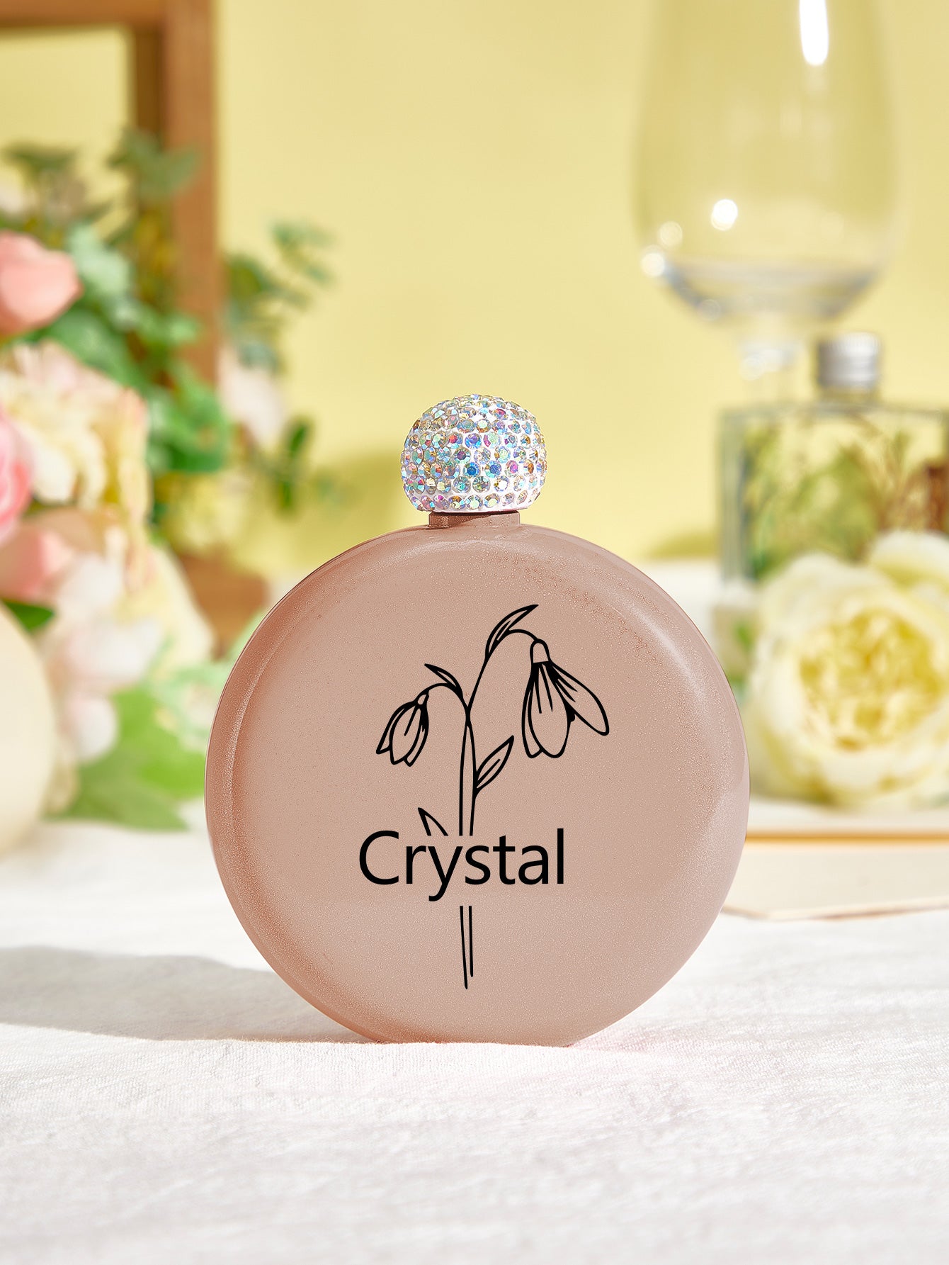 Personalised Birth Flower Name Glitter Flask - 5oz Engraved Gift for Her