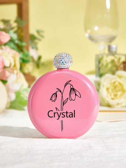 Personalised Birth Flower Name Glitter Flask - 5oz Engraved Gift for Her