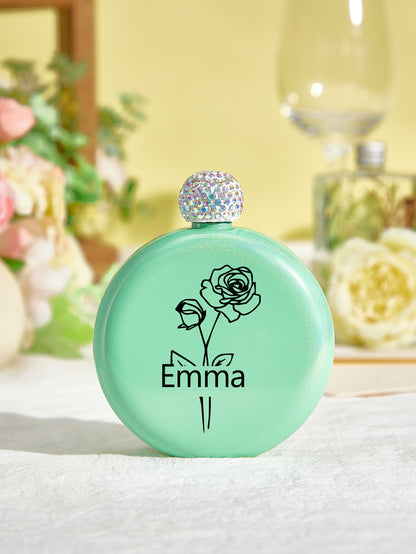 Personalised Birth Flower Name Glitter Flask - 5oz Engraved Gift for Her