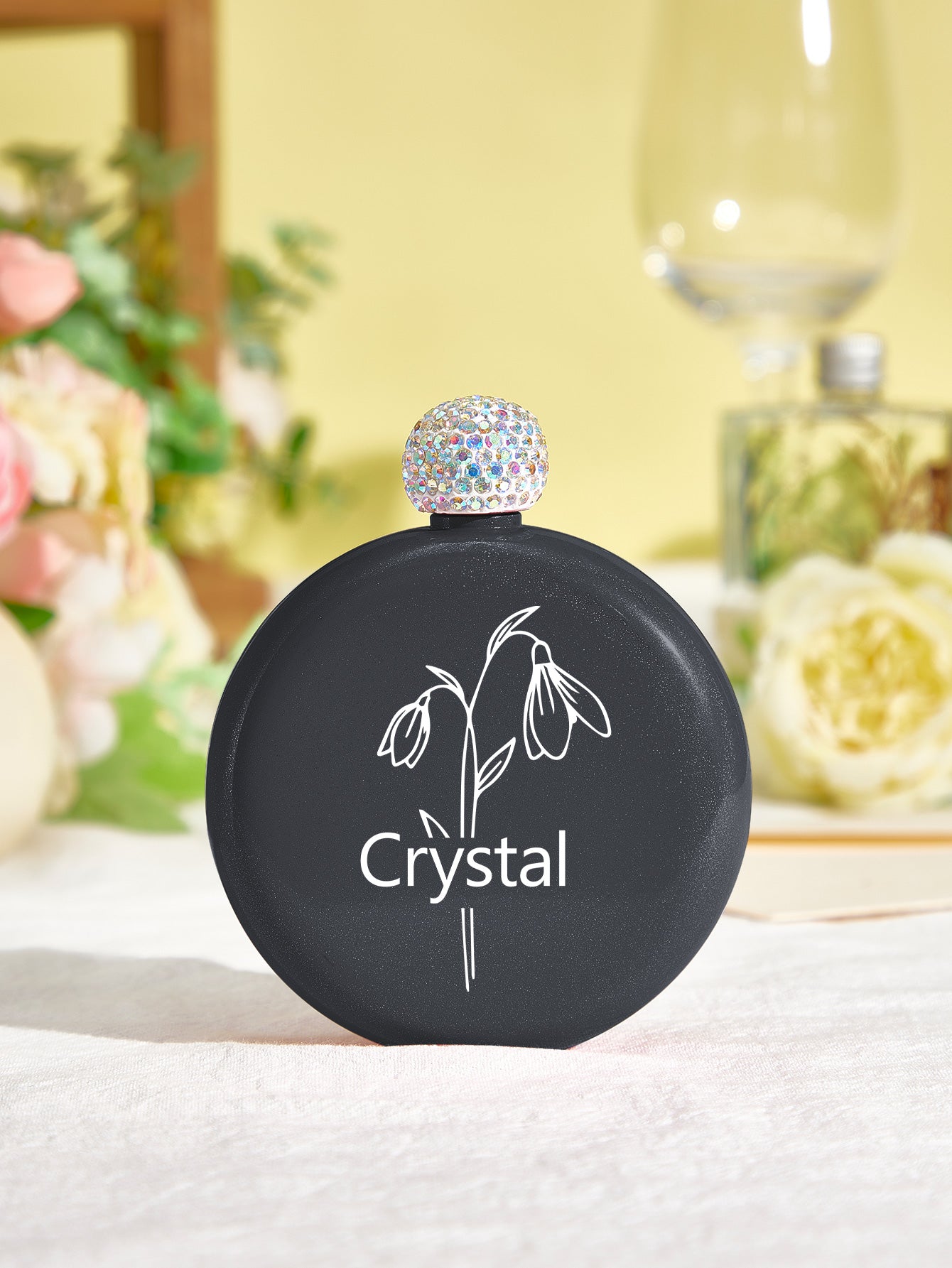 Personalised Birth Flower Name Glitter Flask - 5oz Engraved Gift for Her