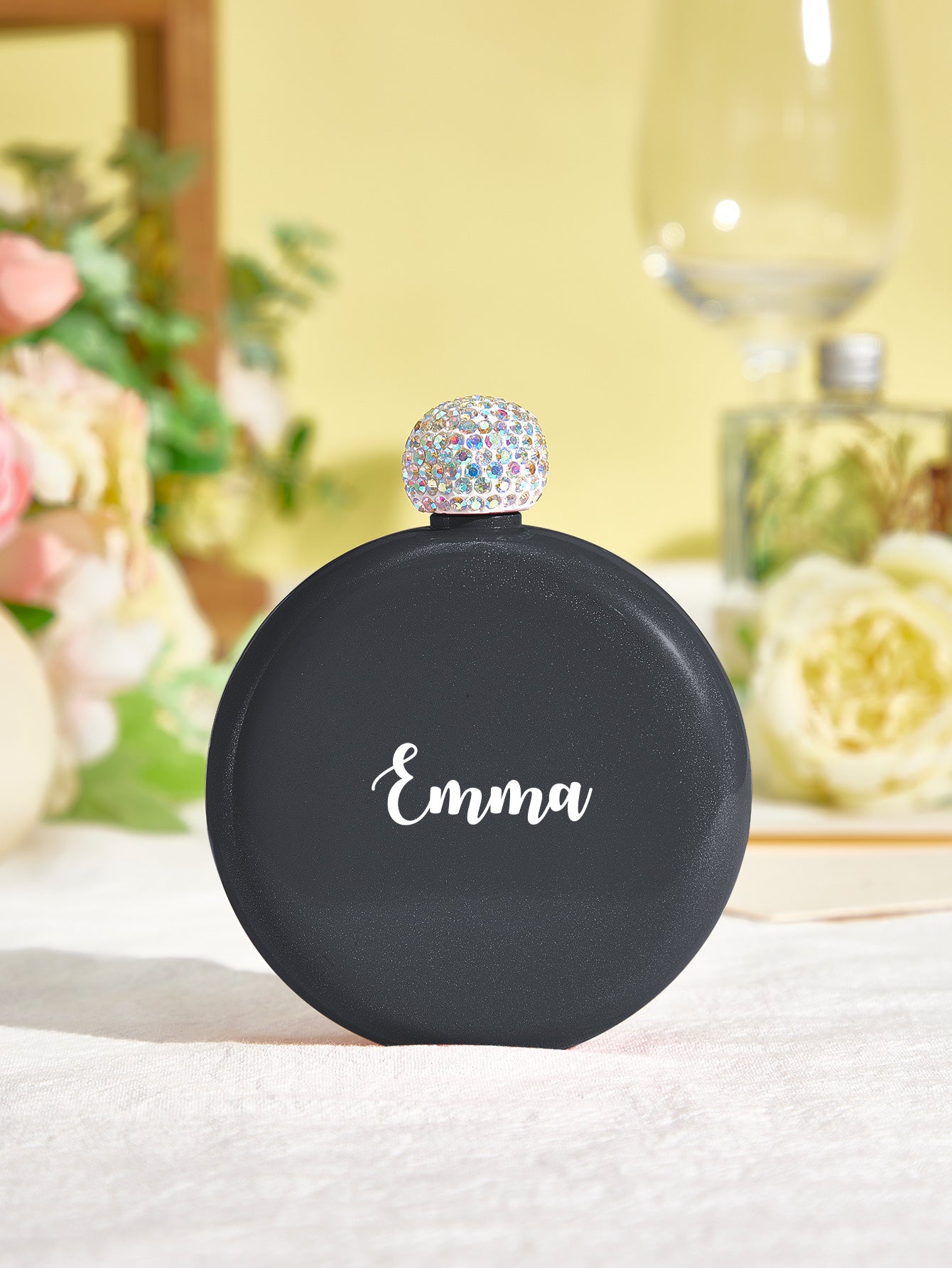 Personalised Round 5oz Glitter Flask with Name Engraving - Unique Birthday Gift for Her