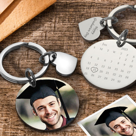 Personalised calendar photo keyring featuring a custom portrait and highlighted date, ideal personalised graduation gift and keepsake