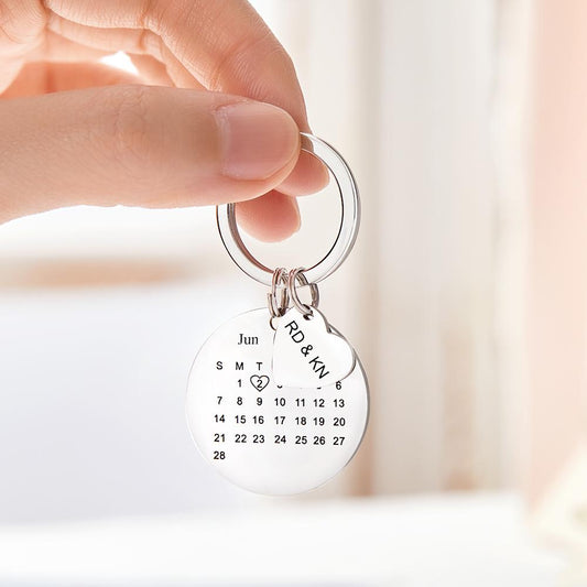 Personalised Photo Engraved Keyring — round stainless steel key charm with engraved photo and custom date, ideal anniversary save-the-date gift