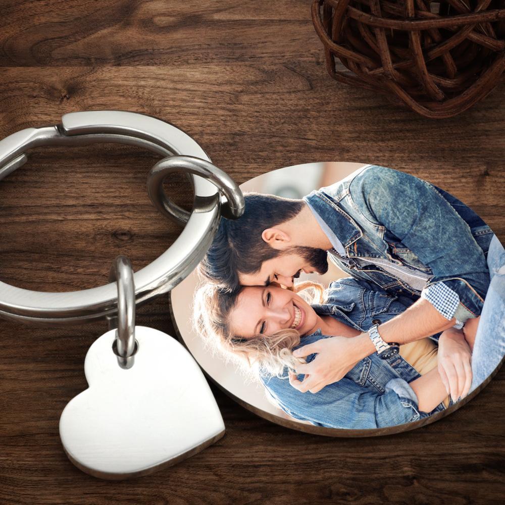 Close up detail of personalised calendar keyring showing metal ring and high resolution photo insert personalised with a meaningful date