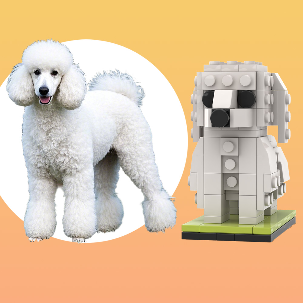 Full-body custom Giant Poodle brick figure made from small-particle blocks, front view — personalised photo-to-bricks pet sculpture and gift for Poodle lovers