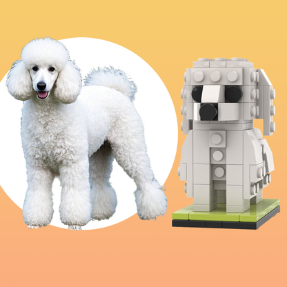 Full-body custom Giant Poodle brick figure made from small-particle blocks, front view — personalised photo-to-bricks pet sculpture and gift for Poodle lovers