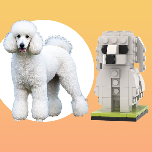 Full-body custom Giant Poodle brick figure made from small-particle blocks, front view — personalised photo-to-bricks pet sculpture and gift for Poodle lovers