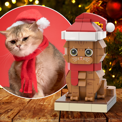 Custom Christmas cat brick figure with scarf and hat.