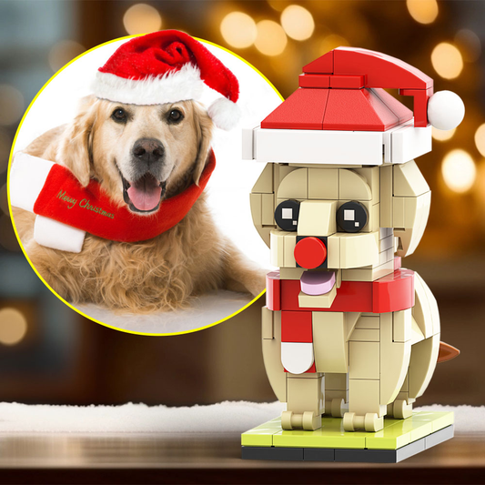 Personalised Christmas Golden Retriever full‑body puppy brick figure on white background — custom small‑particle block brick made from a single Golden Retriever photo