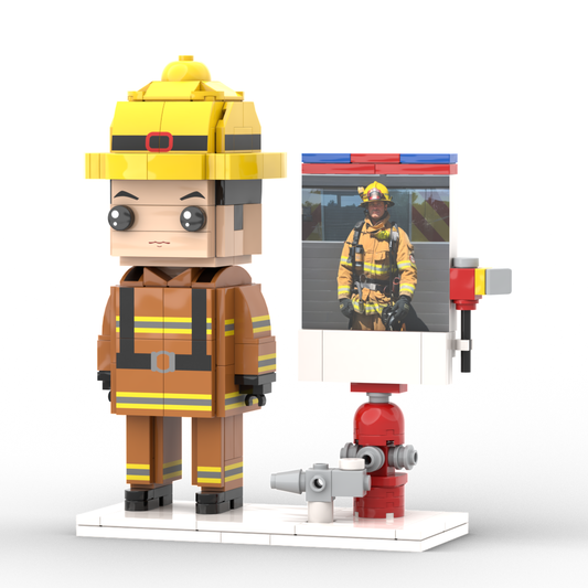Personalised full‑body firefighter custom brick figure made from your photo, front view showing customised helmet, uniform and hairstyle — perfect personalised firefighter figure gift