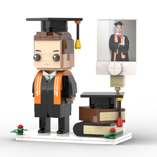 Personalised full‑body brick figure (one person) created from your photo, showing customised hairstyle, facial expression and clothing — ideal personalised graduation gift keepsake