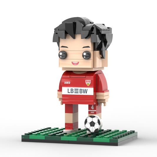 Personalised full-body brick figure of one person in football kit – custom hairstyle, expression and clothing; unique football player gift
