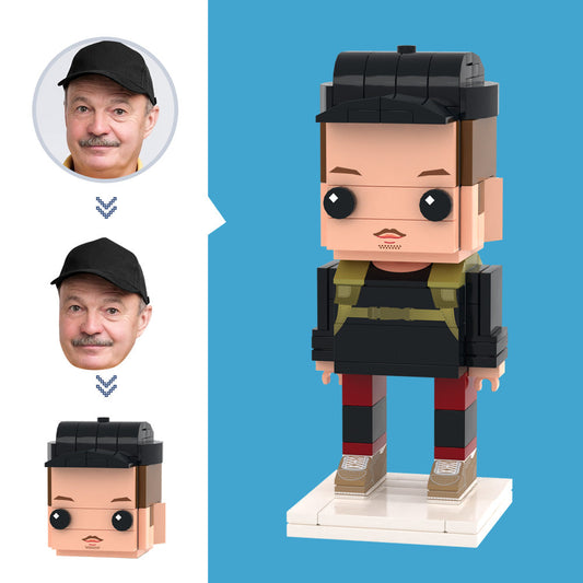 Front close-up of a personalised Custom Head Mountain Climbers mini brick figure – custom head minifigure with recreated hairstyle and facial expression on a fixed small-particle block body, ideal personalised brick figure gift.