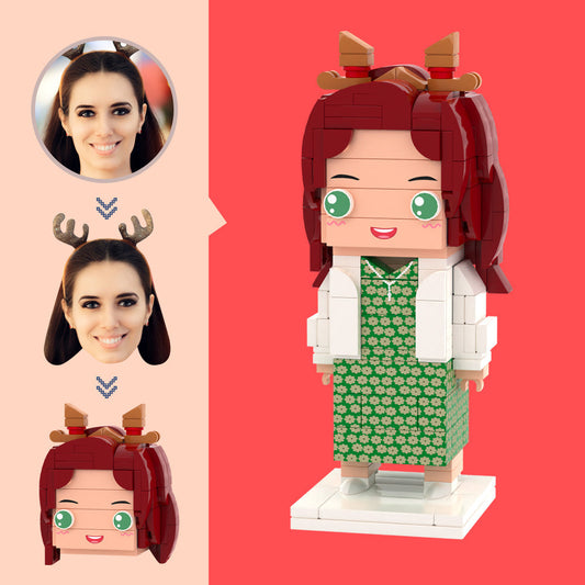 Customisable head brick figure wearing a green floral long dress with a personalised head from your photo – ideal personalised photo gift