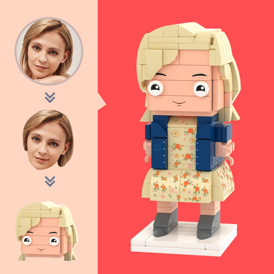 Personalised head brick figure in a yellow floral long dress — custom small particle block toy (eco‑friendly ABS) with personalised hairstyle and facial features