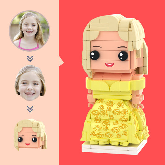 Personalised head brick figure in yellow princess dress featuring your photo as the head on a fixed body, crafted from ABS eco‑friendly small‑particle building blocks — ideal personalised face gift