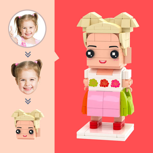 Front view of personalised brick mini figure with customised photo head and flower skirt – personalised photo block toy gift in eco-friendly ABS